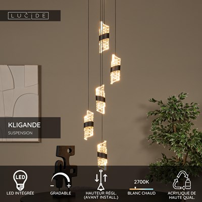 Lucide KLIGANDE - Suspension - Ø 30 cm - LED Dim. - 5x8W 2700K - Noir